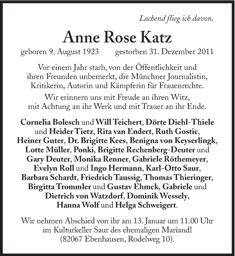  Traueranzeige für Anne Rose Katz vom 31.12.2012 aus Süddeutsche Zeitung