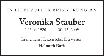 Traueranzeige von Veronika Stauber von Süddeutsche Zeitung