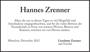 Traueranzeige von Hans Zrenner    von Süddeutsche Zeitung