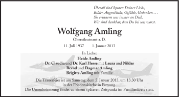 Traueranzeige von Wolfgang Amling von Süddeutsche Zeitung