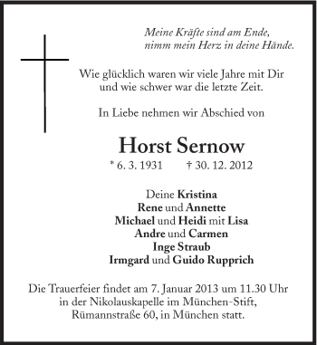 Traueranzeige von Horst Sernow von Süddeutsche Zeitung