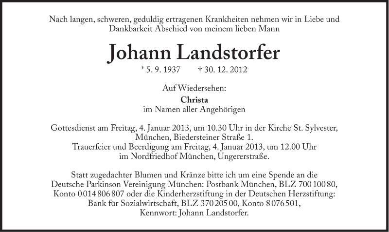 Traueranzeigen Von Johann Landstorfer | SZ-Gedenken.de