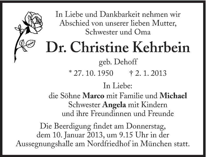  Traueranzeige für Christine Kehrbein vom 04.01.2013 aus Süddeutsche Zeitung