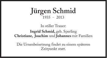 Traueranzeige von Jürgen Schmid von Süddeutsche Zeitung