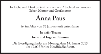 Traueranzeige von Anna Paus von Süddeutsche Zeitung
