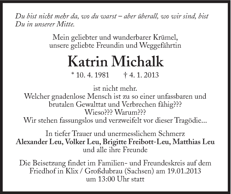  Traueranzeige für Katrin Michalk vom 11.01.2013 aus Süddeutsche Zeitung