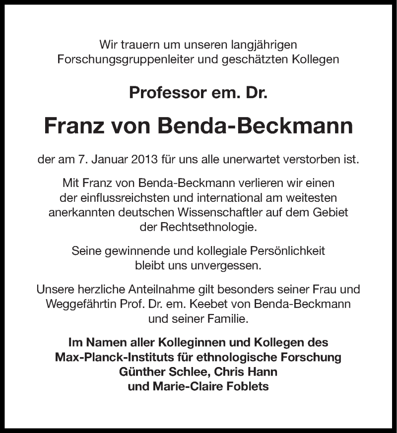  Traueranzeige für Franz von Benda-Beckmann vom 12.01.2013 aus Süddeutsche Zeitung