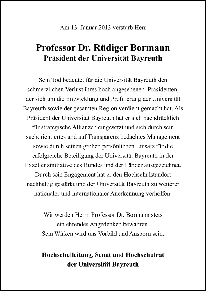  Traueranzeige für Rüdiger Bormann vom 16.01.2013 aus Süddeutsche Zeitung
