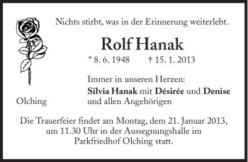 Traueranzeige von Rolf Hanak von Süddeutsche Zeitung