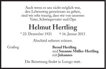 Traueranzeige von Helmut Hertling von Süddeutsche Zeitung