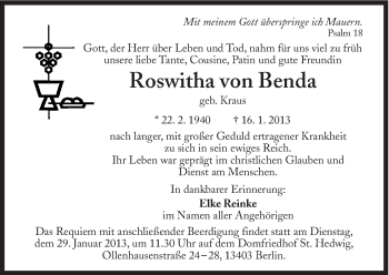 Traueranzeige von Roswitha von Benda von Süddeutsche Zeitung