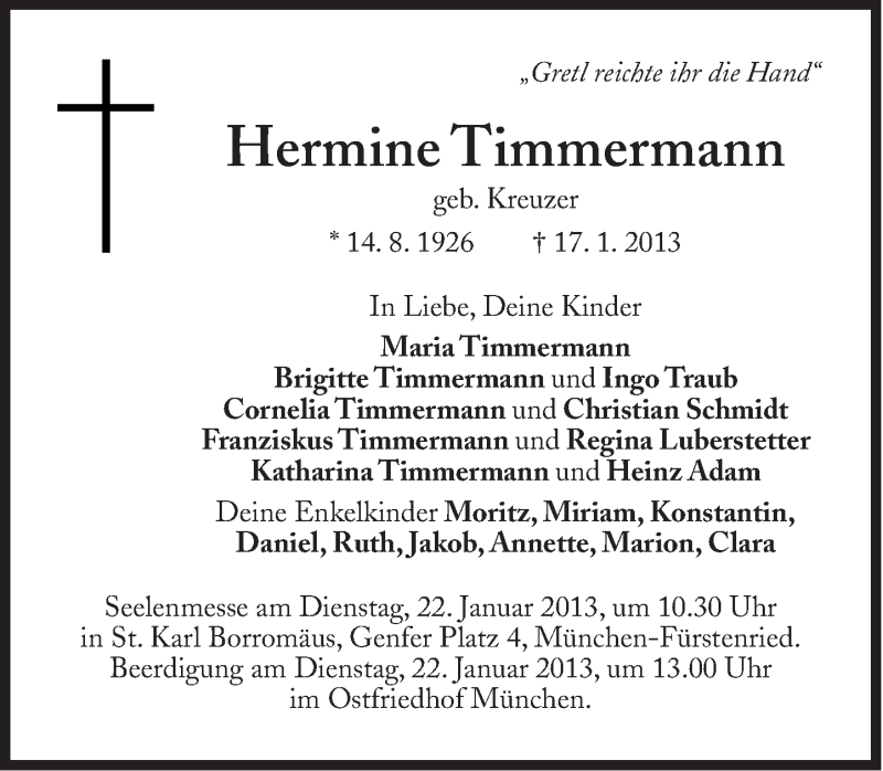  Traueranzeige für Hermine Timmermann vom 19.01.2013 aus Süddeutsche Zeitung
