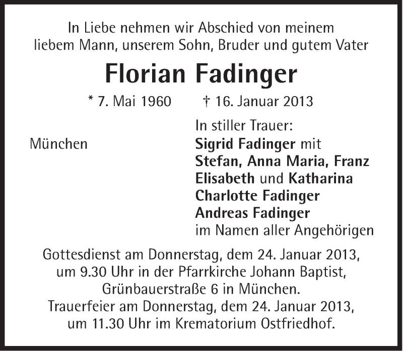  Traueranzeige für Florian Fadinger vom 22.01.2013 aus Süddeutsche Zeitung