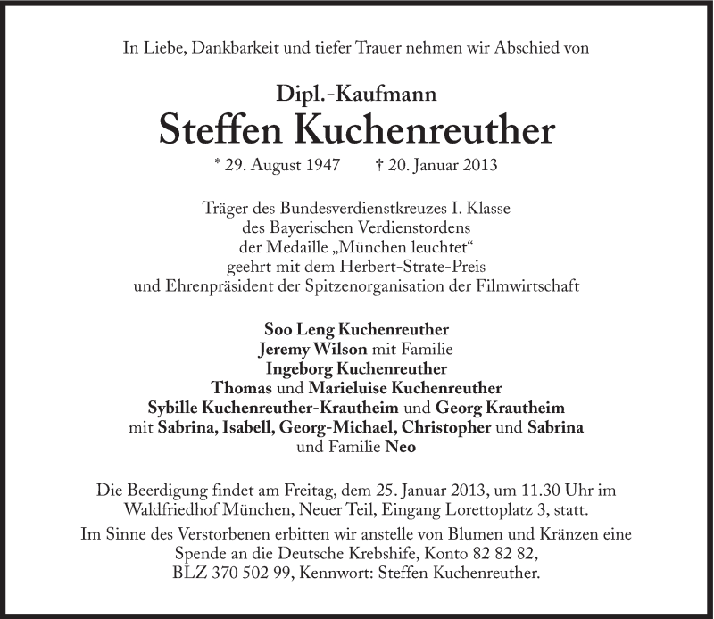  Traueranzeige für Steffen Kuchenreuther vom 23.01.2013 aus Süddeutsche Zeitung