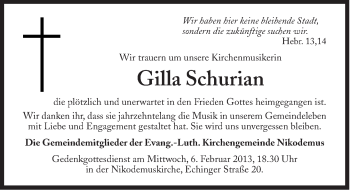 Traueranzeige von Gilla Schurian von Süddeutsche Zeitung