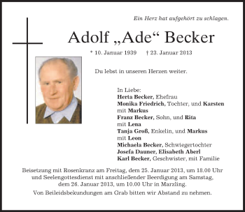 Traueranzeige von Adolf Becker von Süddeutsche Zeitung
