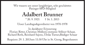 Traueranzeige von Adalbert Brunner von Süddeutsche Zeitung