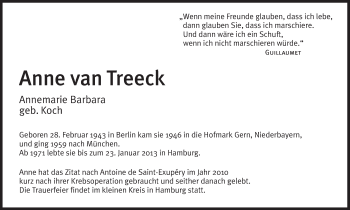 Traueranzeige von Anne van Treeck von Süddeutsche Zeitung