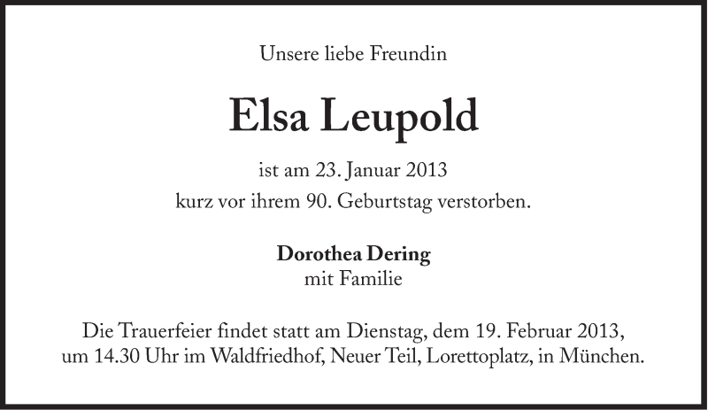  Traueranzeige für Elsa Leupold vom 26.01.2013 aus Süddeutsche Zeitung