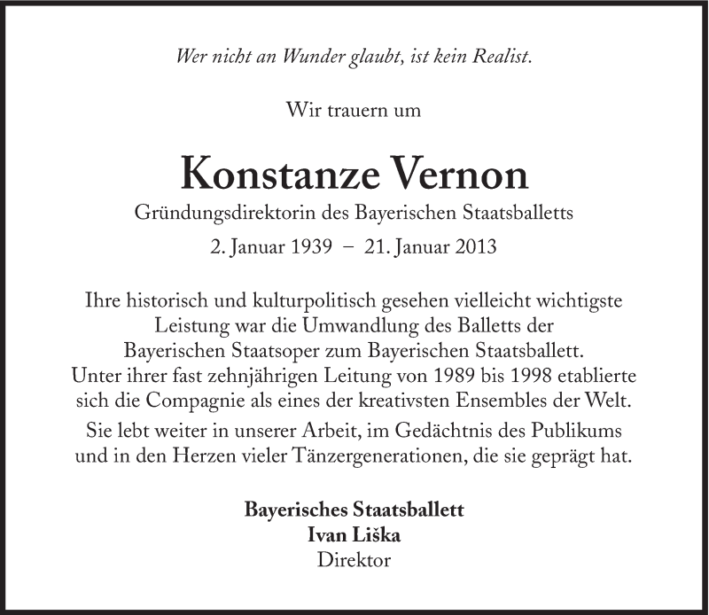  Traueranzeige für Konstanze Vernon vom 26.01.2013 aus Süddeutsche Zeitung