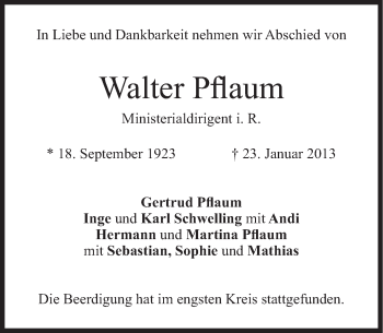 Traueranzeige von Walter Pflaum von Süddeutsche Zeitung