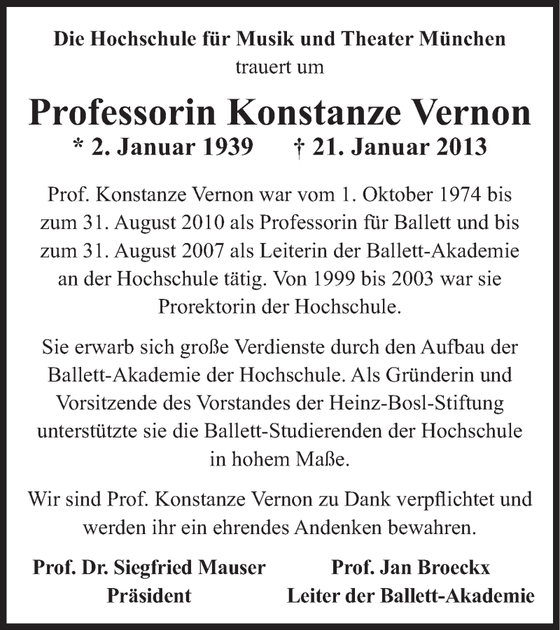  Traueranzeige für Konstanze Vernon vom 26.01.2013 aus Süddeutsche Zeitung