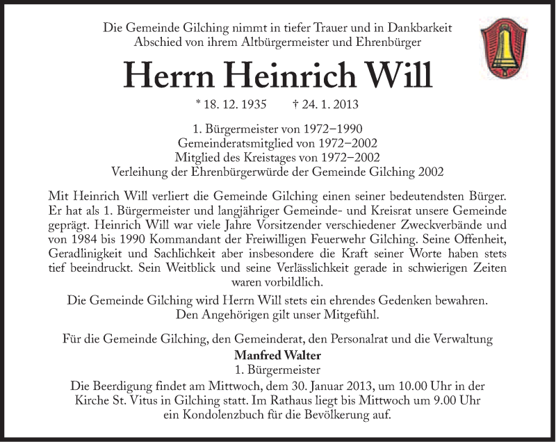  Traueranzeige für Heinrich Will vom 26.01.2013 aus Süddeutsche Zeitung