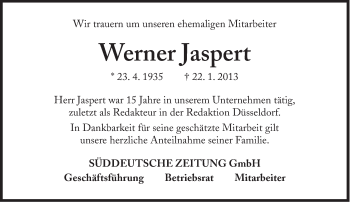 Traueranzeige von Werner Jaspert von Süddeutsche Zeitung