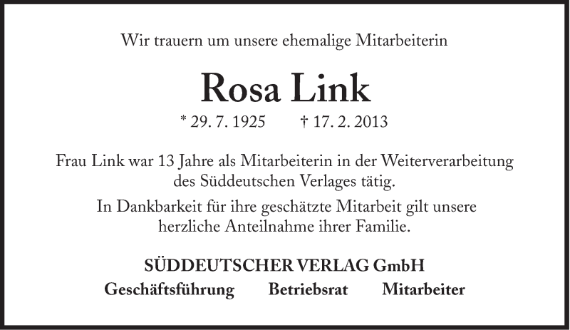  Traueranzeige für Rosa Link vom 21.02.2013 aus Süddeutsche Zeitung