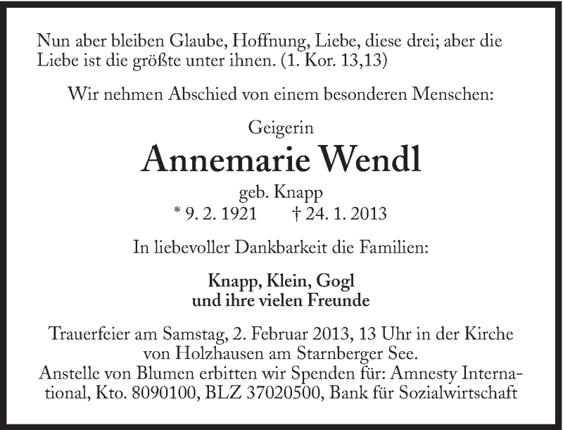  Traueranzeige für Annemarie Wendl vom 26.01.2013 aus Süddeutsche Zeitung