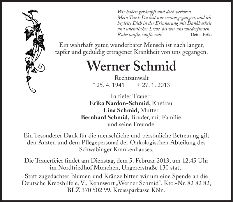  Traueranzeige für Werner Schmid vom 02.02.2013 aus Süddeutsche Zeitung