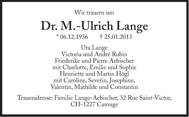  Traueranzeige für Ulrich Lange vom 28.01.2013 aus Süddeutsche Zeitung