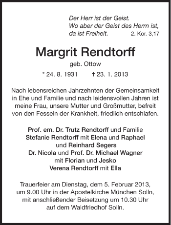 Traueranzeige von Margit Rendtorff von Süddeutsche Zeitung