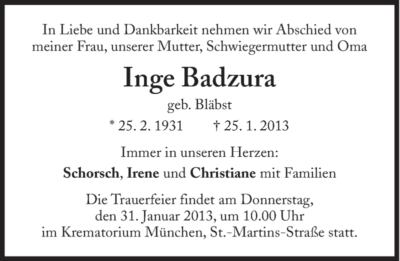  Traueranzeige für Inge Badzura vom 29.01.2013 aus Süddeutsche Zeitung