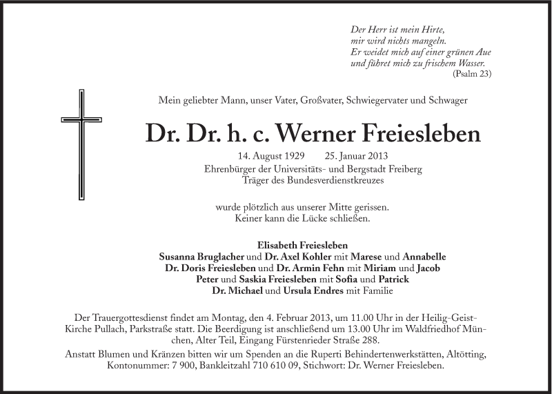  Traueranzeige für Werner Freiesleben vom 29.01.2013 aus Süddeutsche Zeitung