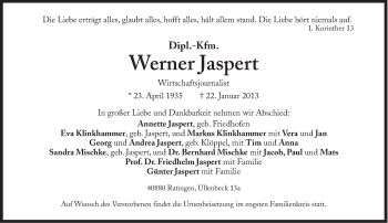 Traueranzeige von Werner Jaspert von Süddeutsche Zeitung