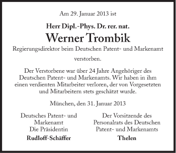 Traueranzeige von Werner Trombik von Süddeutsche Zeitung