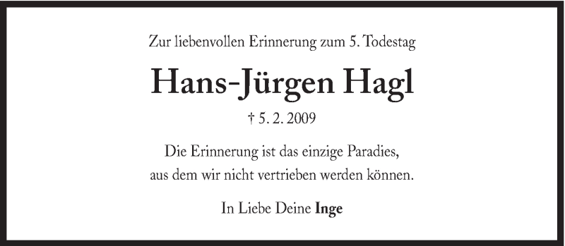  Traueranzeige für Hans-Jürgen Hagl vom 05.02.2013 aus Süddeutsche Zeitung