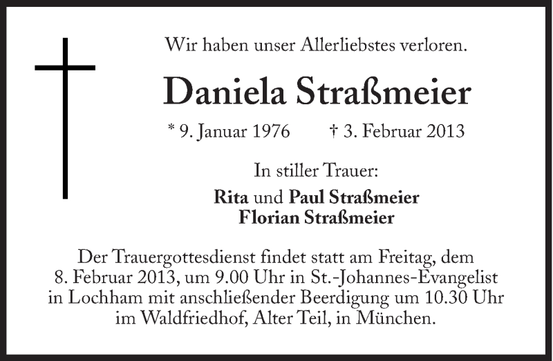  Traueranzeige für Daniela Straßmeier vom 06.02.2013 aus Süddeutsche Zeitung