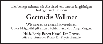 Traueranzeige von Gertrudis Vollmer von Süddeutsche Zeitung