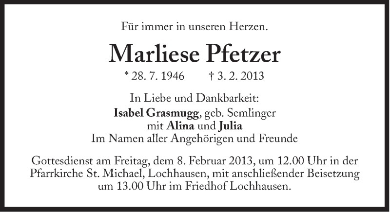  Traueranzeige für Marliese Pfetzer vom 07.02.2013 aus Süddeutsche Zeitung