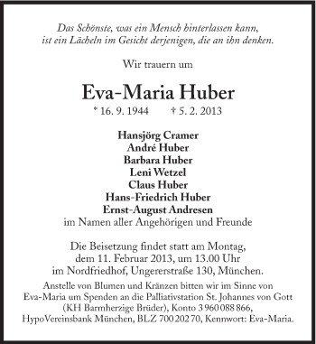 Traueranzeige von Eva-Maria Huber von Süddeutsche Zeitung