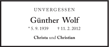 Traueranzeige von Günther Wolf von Süddeutsche Zeitung