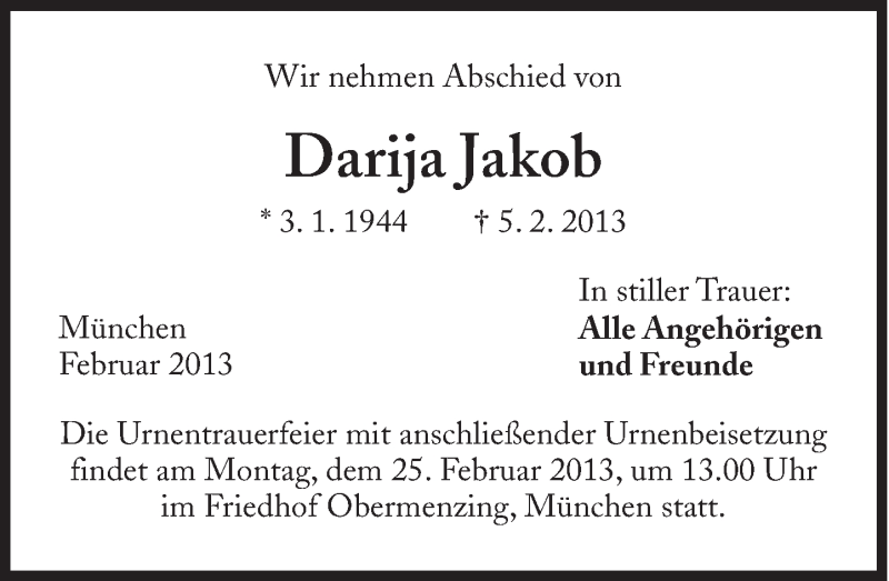  Traueranzeige für Darija Jakob vom 23.02.2013 aus Süddeutsche Zeitung
