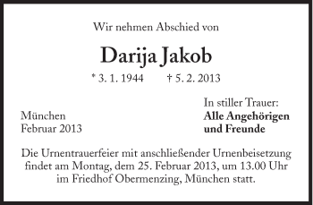 Traueranzeige von Darija Jakob von Süddeutsche Zeitung