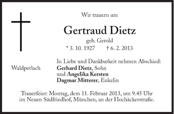 Traueranzeige von Gertraud Dietz von Süddeutsche Zeitung