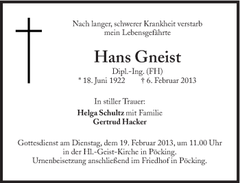 Traueranzeige von Hans Gneist von Süddeutsche Zeitung