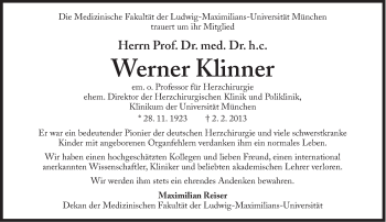 Traueranzeige von Werner Klinner von Süddeutsche Zeitung