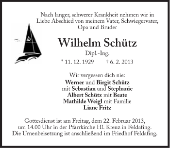 Traueranzeige von Wilhelm Schütz von Süddeutsche Zeitung