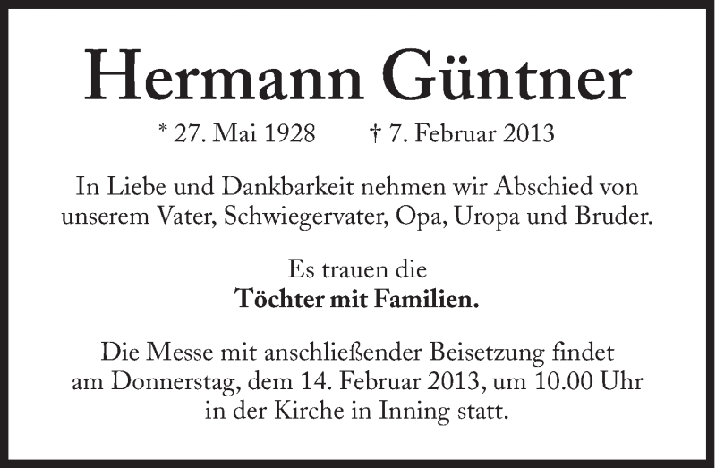 Traueranzeige für Hermann Güntner vom 09.02.2013 aus Süddeutsche Zeitung